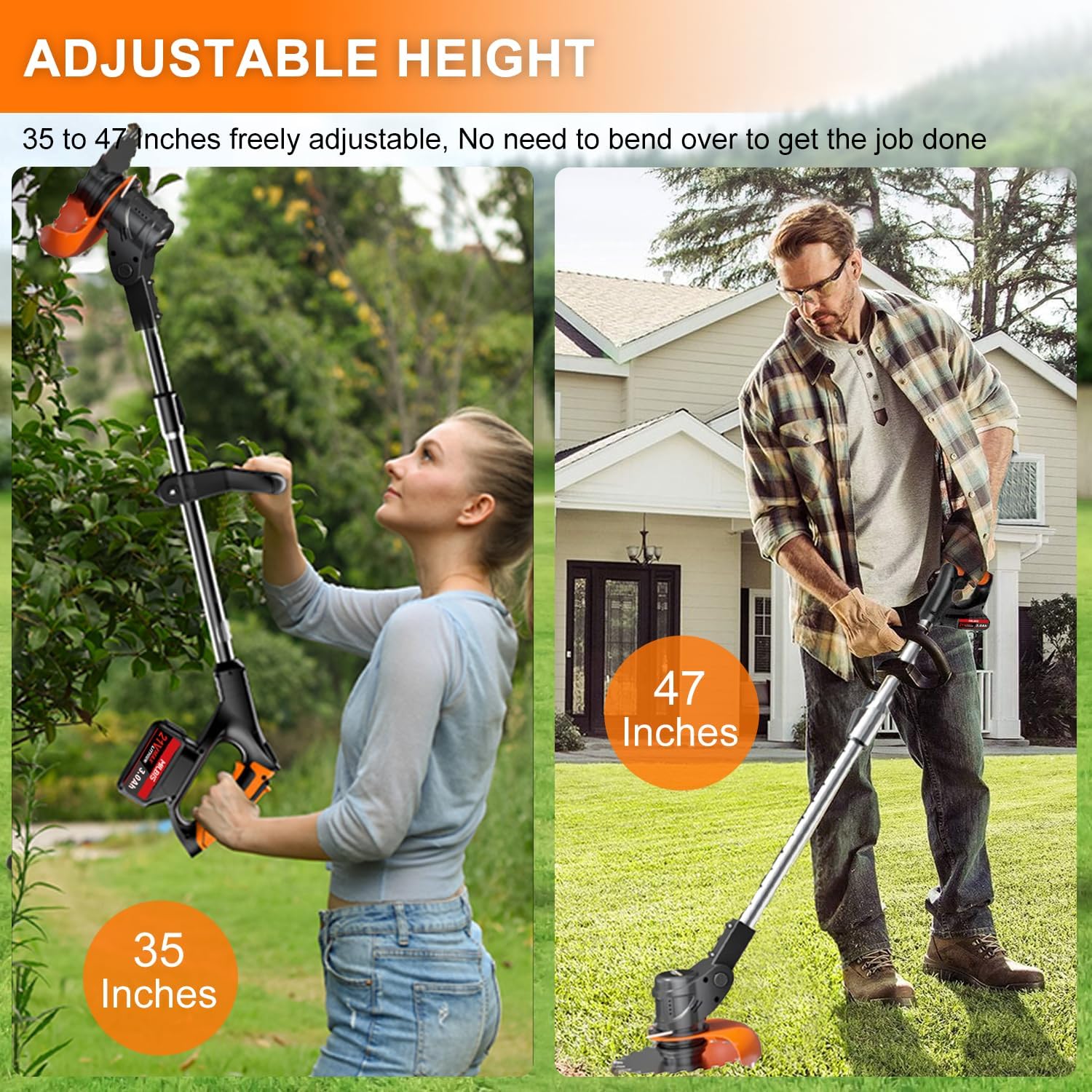 Cordless Weed Wacker with Wheels, 880W Electric Weed Eater Battery Powered with 2 x 21V Batteries, 3-in-1 Grass Trimmer/Brush Cutter with 5 Types Blades for Lawn, Yard & Garden